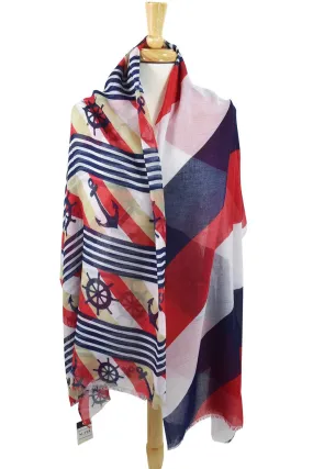 Anchor & Boat Wheel Pattern Nautical Stripes Fashion Scarf