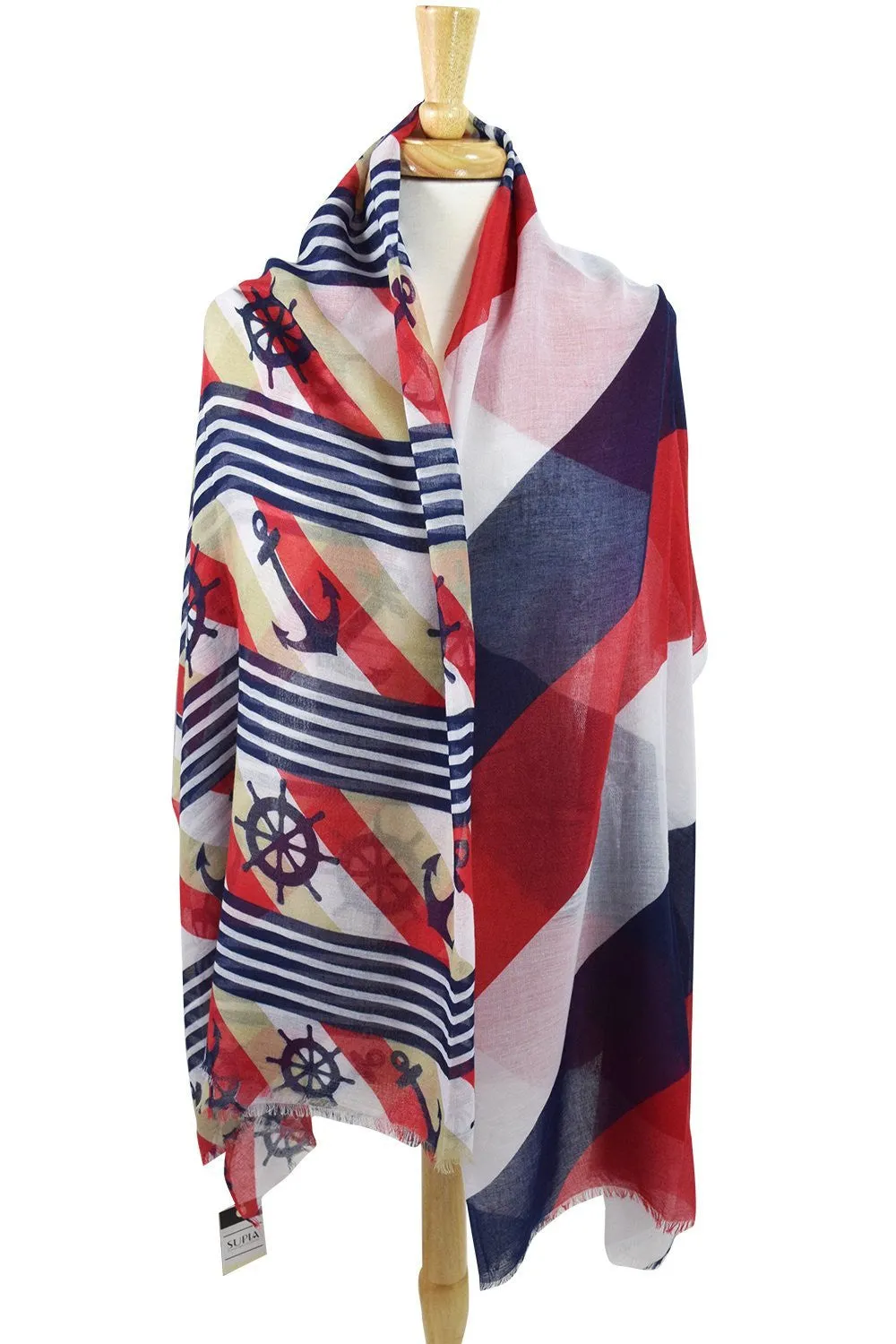 Anchor & Boat Wheel Pattern Nautical Stripes Fashion Scarf