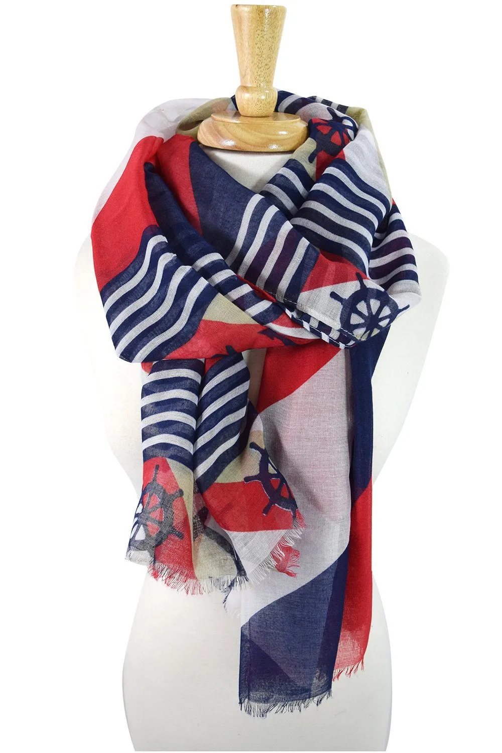 Anchor & Boat Wheel Pattern Nautical Stripes Fashion Scarf