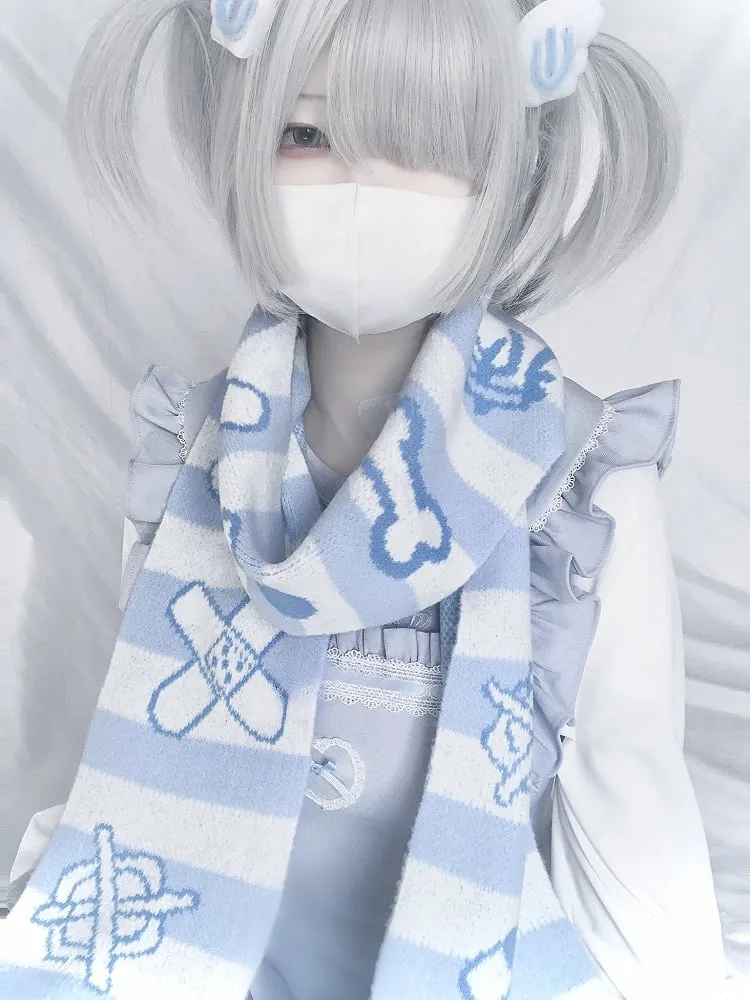 Band-Aid Blue and White Yami Kawaii Striped Scarf