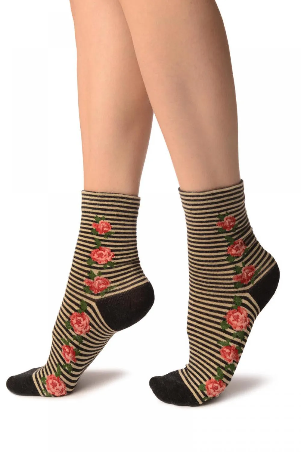 Black & Beige Stripes & Roses With Comfort Top Ankle High Socks