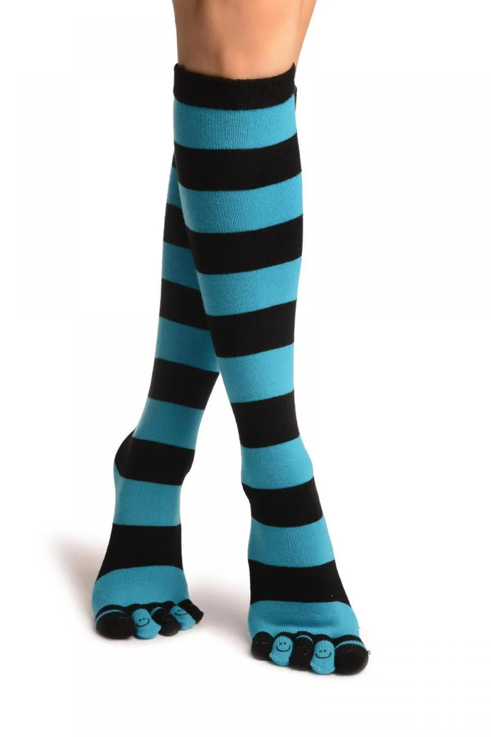 Black & Blue Stripes & Printed Smiles Knee High Toe Socks