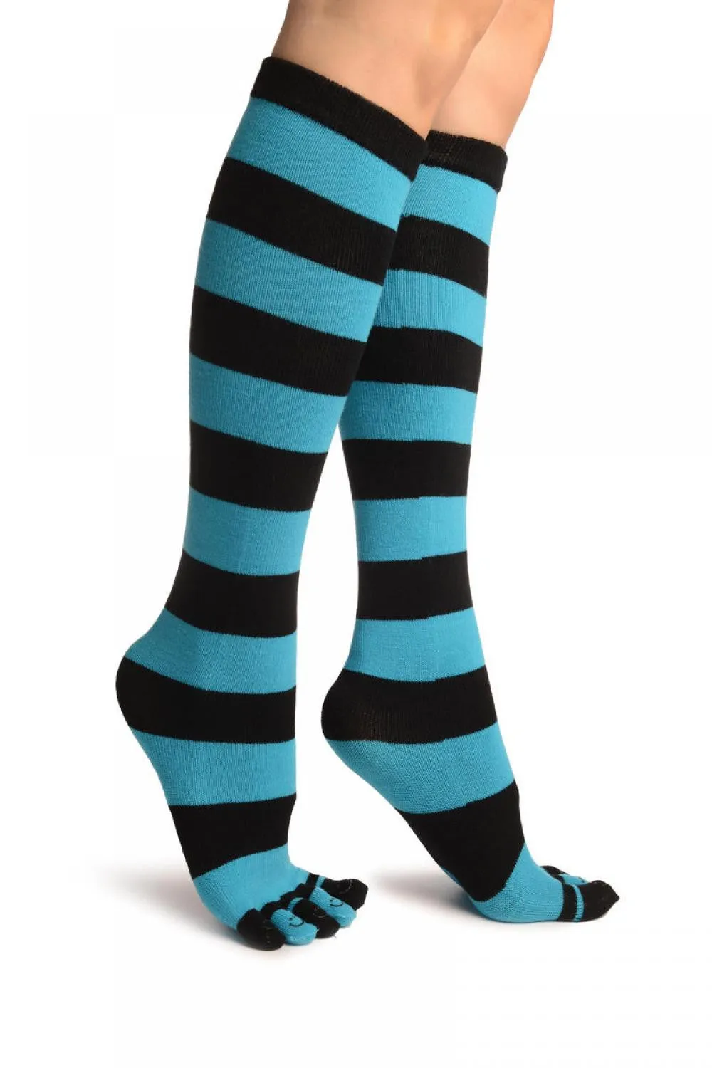 Black & Blue Stripes & Printed Smiles Knee High Toe Socks