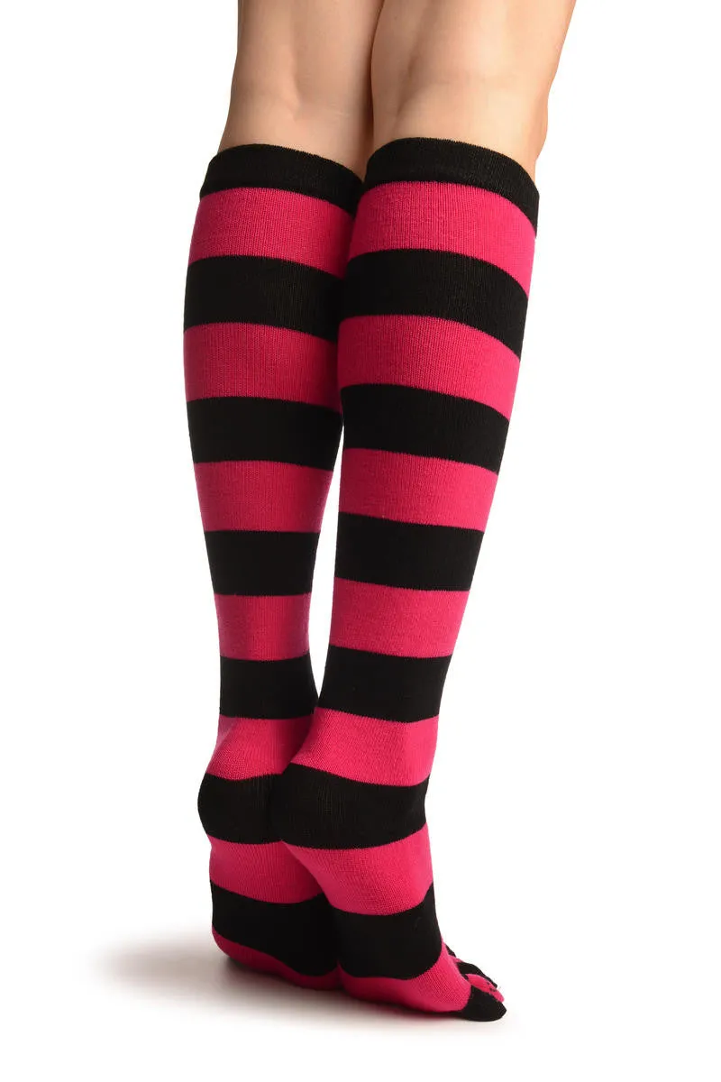 Black & Pink Stripes & Printed Smiles Knee High Toe Socks