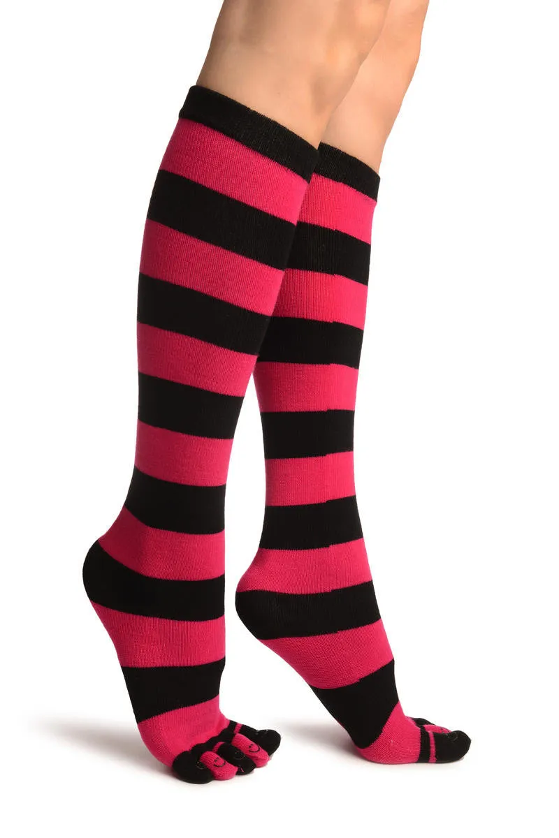 Black & Pink Stripes & Printed Smiles Knee High Toe Socks