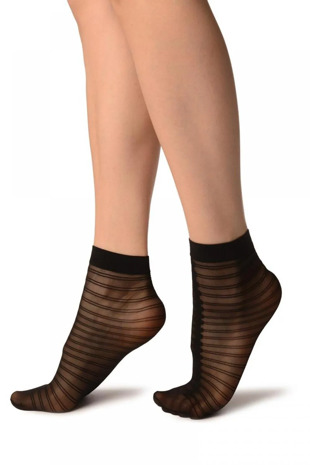Black With Front Seam & Double Stripes Socks Ankle High
