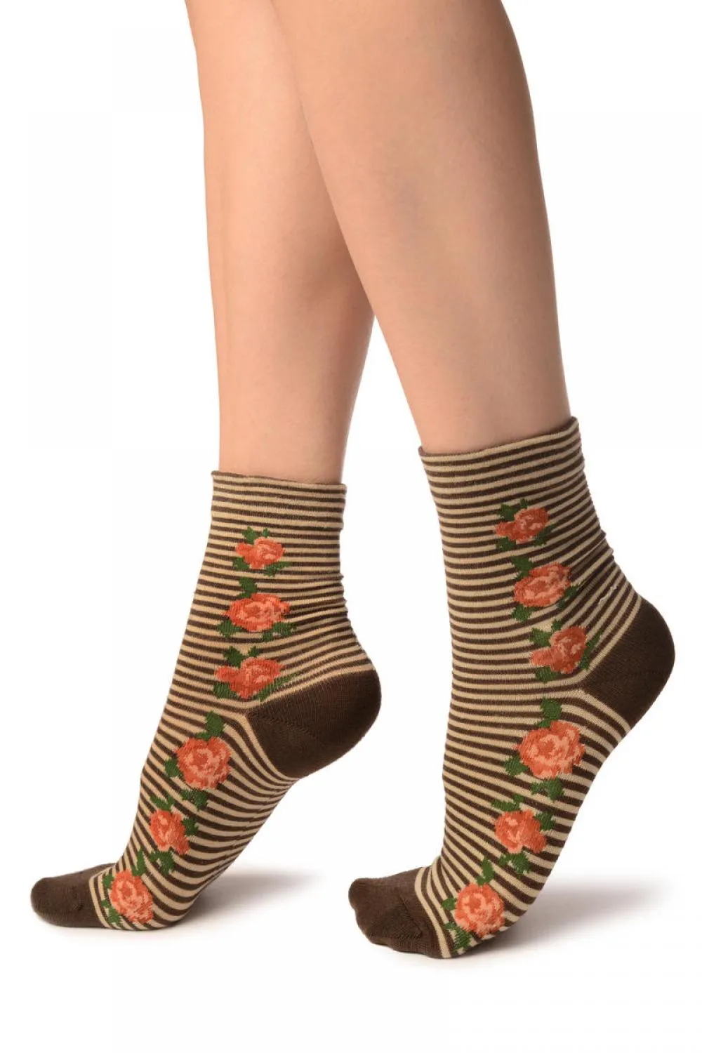 Brown & Beige Stripes & Roses With Comfort Top Ankle High Socks
