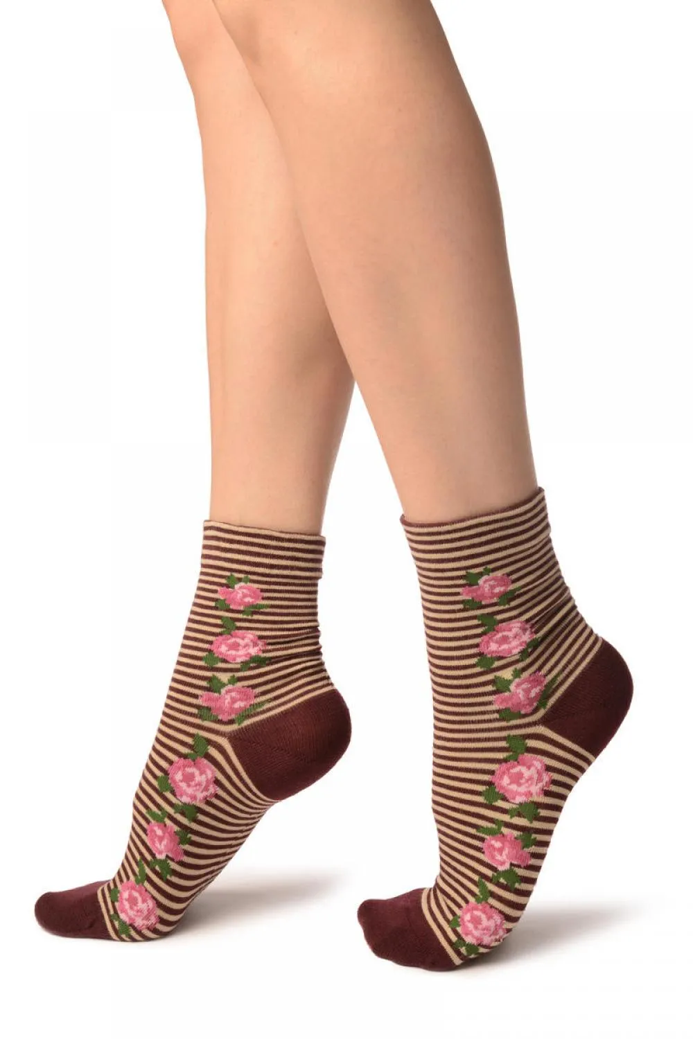 Burgundy & Beige Stripes & Roses With Comfort Top Ankle High Socks
