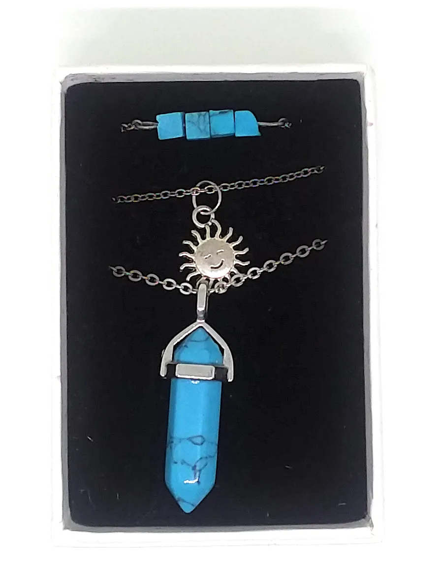 Gemstone & Charm Layered Necklace Set - Blue Howlite