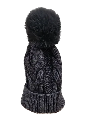 Grey Cable Knit Pom Pom Hat