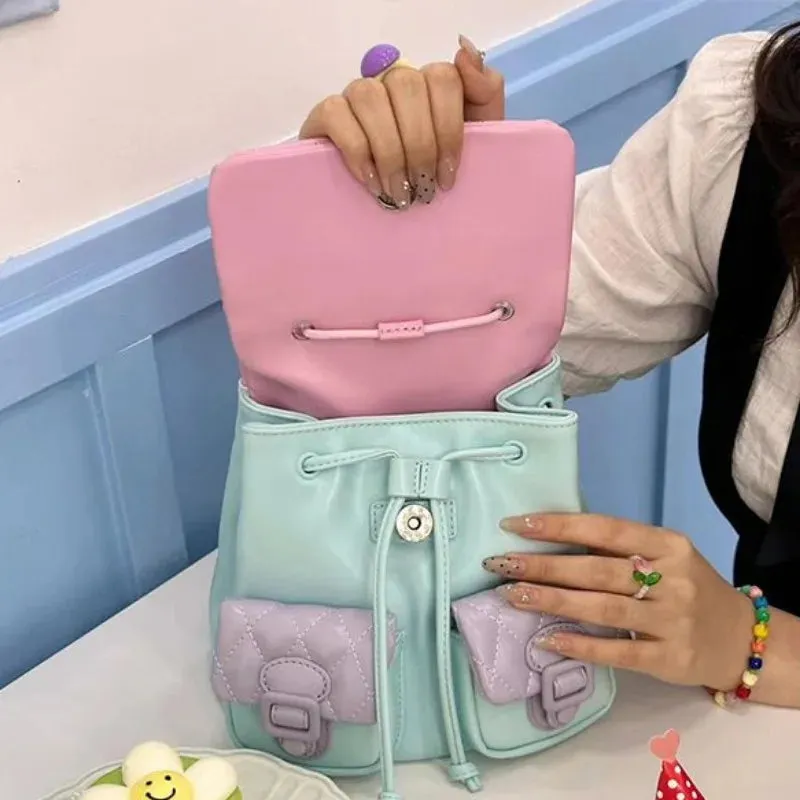 UAKISS  -  2024 Chic Designed Contrast Color Backpacks for Girls Simple Sweet PU School Bag Cute Kawaii All Match Rucksack Bolsa Сумка