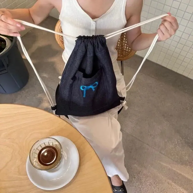 UAKISS  -  2024 Simple Pocket Bow Female Backpacks Y2k Aesthetic All Match Vintage Schoolbags Streetwear Fashion Drawstring Bags for Women