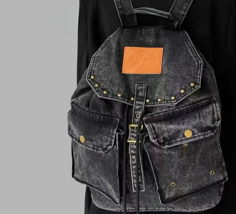 Uakiss Korean Denim Drawstring Backpack Simple All Match Trendy Students Backpacks Casual Y2k Aesthetic Fashion Chic Schoolbags Women