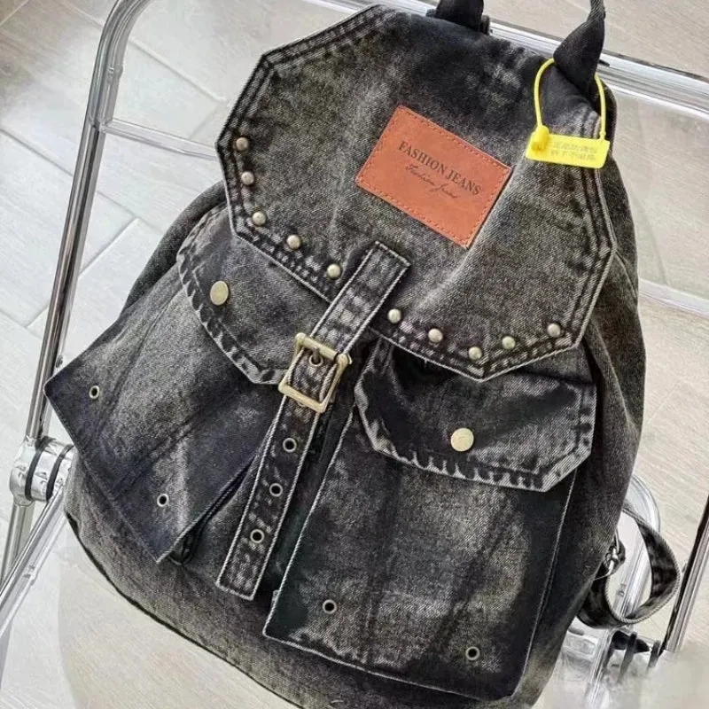 Uakiss Korean Denim Drawstring Backpack Simple All Match Trendy Students Backpacks Casual Y2k Aesthetic Fashion Chic Schoolbags Women