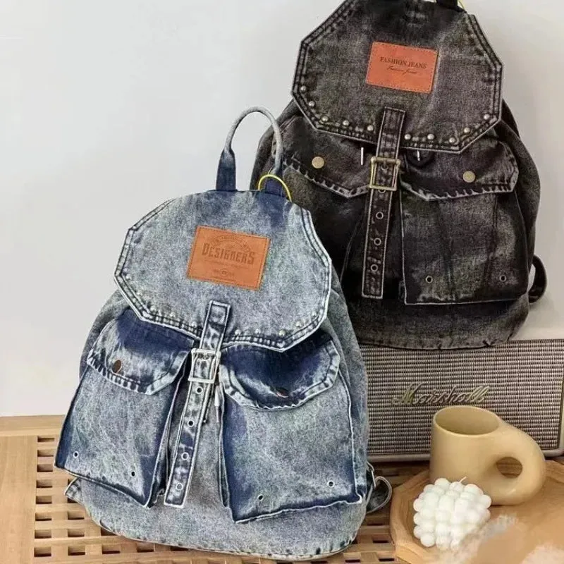 Uakiss Korean Denim Drawstring Backpack Simple All Match Trendy Students Backpacks Casual Y2k Aesthetic Fashion Chic Schoolbags Women