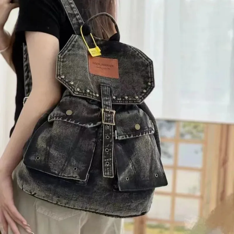 Uakiss Korean Denim Drawstring Backpack Simple All Match Trendy Students Backpacks Casual Y2k Aesthetic Fashion Chic Schoolbags Women