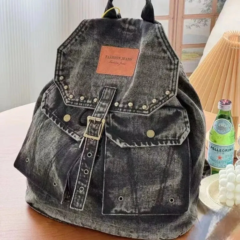 Uakiss Korean Denim Drawstring Backpack Simple All Match Trendy Students Backpacks Casual Y2k Aesthetic Fashion Chic Schoolbags Women
