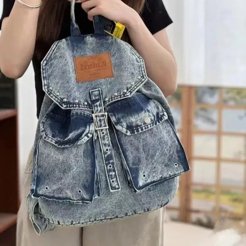 Uakiss Korean Denim Drawstring Backpack Simple All Match Trendy Students Backpacks Casual Y2k Aesthetic Fashion Chic Schoolbags Women
