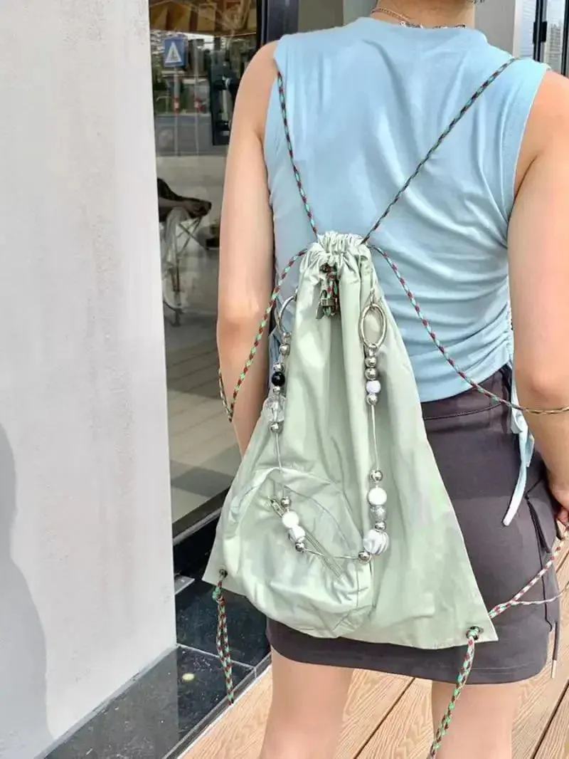 UAKISS  - Korean Fashion Chain Drawstring Backpacks for Women Y2k Simple Large Capacity Students All Match Schoolbag Leisure Shoulder Bag
