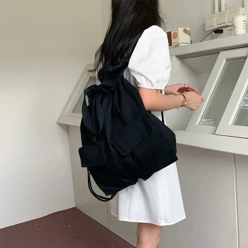 UAKISS  -  Personality High-capacity Drawstring Schoolbags Korean Solid Preppy Y2k Simple Handbags Women All Match Backpacks for Students